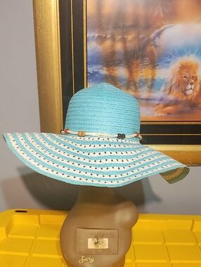 Source Unknown Turquoise and White Wide Brim Beach Sun Hat